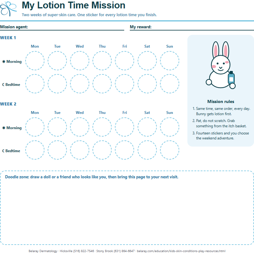 Preview of the Lotion Time Mission sticker chart: two weeks of morning and bedtime circles, mission rules, and a bunny holding a lotion bottle